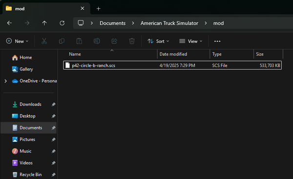 The ATS mod folder in File Explorer, holding a single .scs file